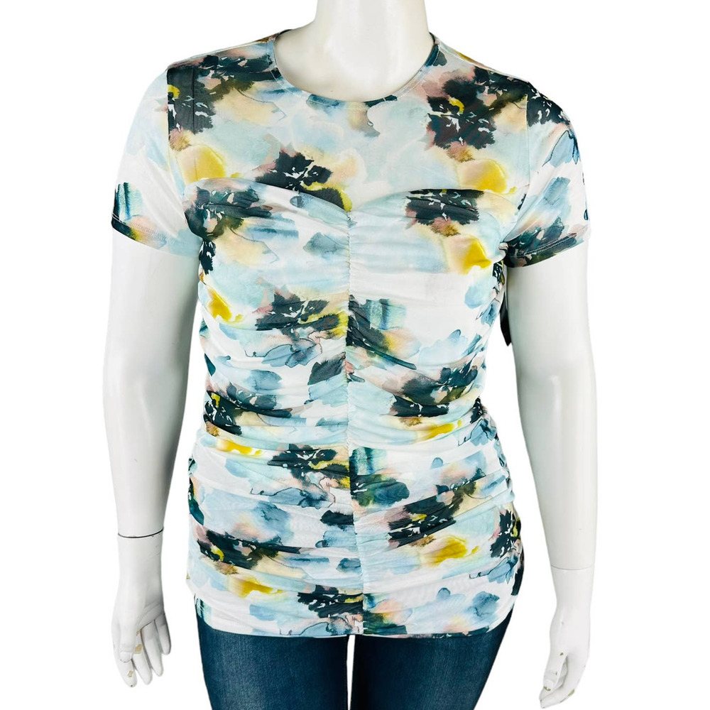 New Torrid Womans 1 1X Plus Stretch Mesh Blouse Ruched Top Floral NWT